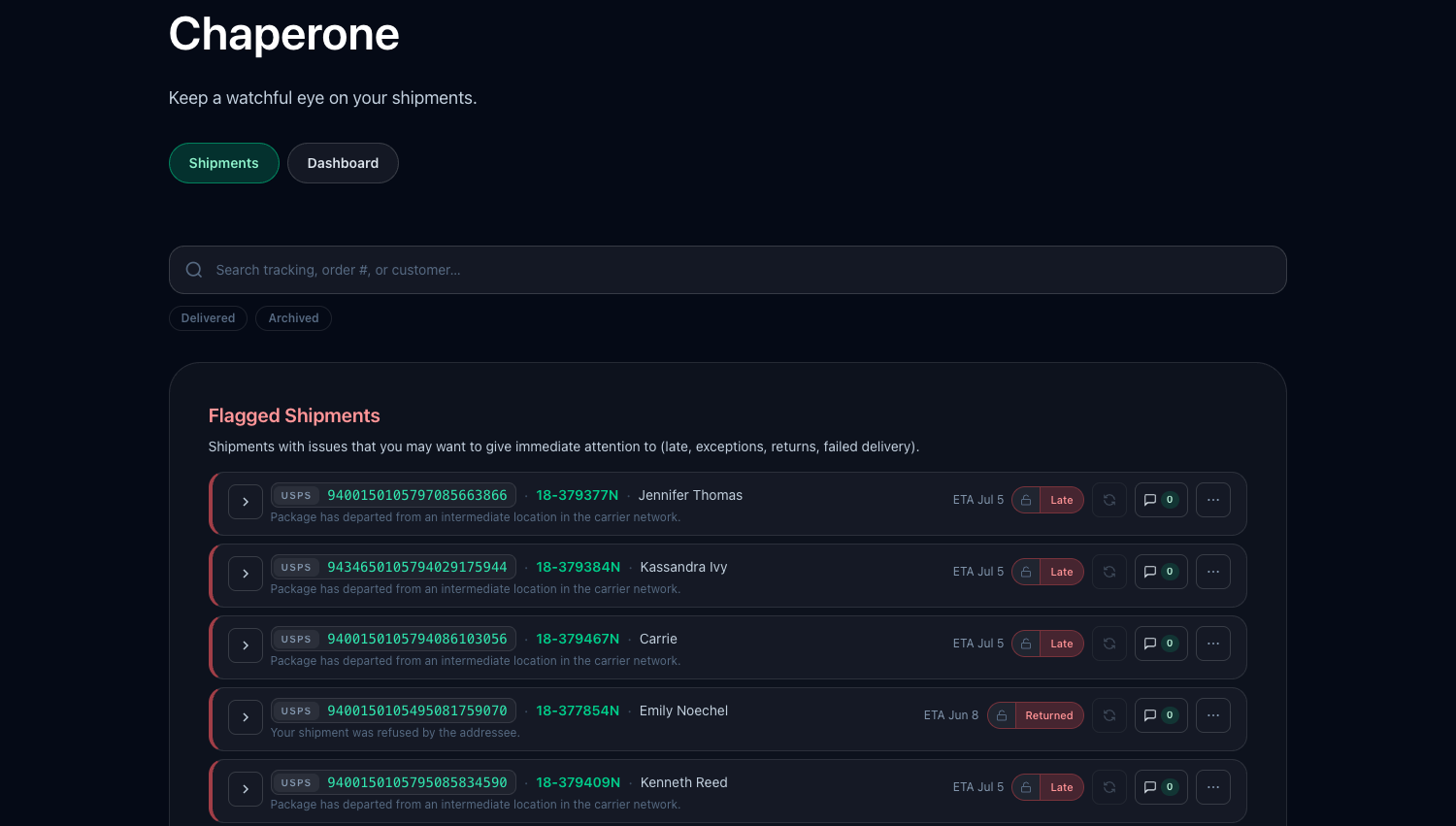 Chaperone flagged shipments view showing late and returned packages with tracking details